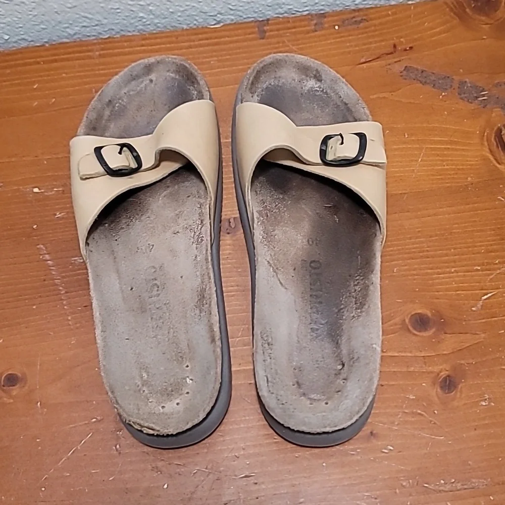 Mephisto Helen Cork Footbed Slide Sandals Womens‎ 40 Tan Leather Buckle Strap